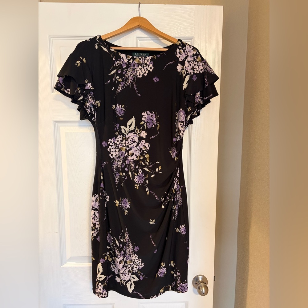 Lauren Ralph Lauren Floral Ruched Dress Size 10 Bodycon Flutter Sleeves T12
